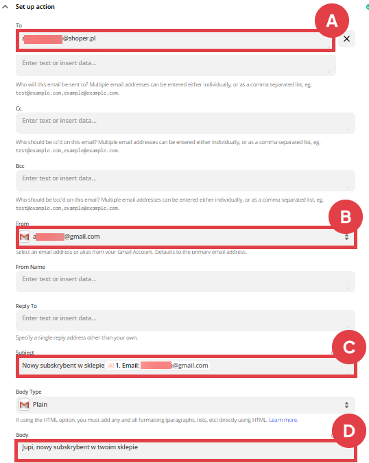 Panel Zapier > MAKE A ZAP > Webhook by Zapier > Action > Send Email in Gmail > Choose account > Set up action