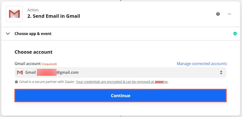 Panel Zapier > MAKE A ZAP > Webhook by Zapier > Action > Send Email in Gmail > Choose account