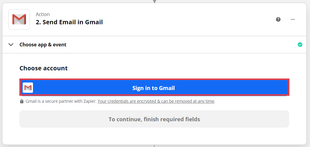 Panel Zapier > MAKE A ZAP > Webhook by Zapier > Action > Send Email in Gmail > Sign in to Gmail
