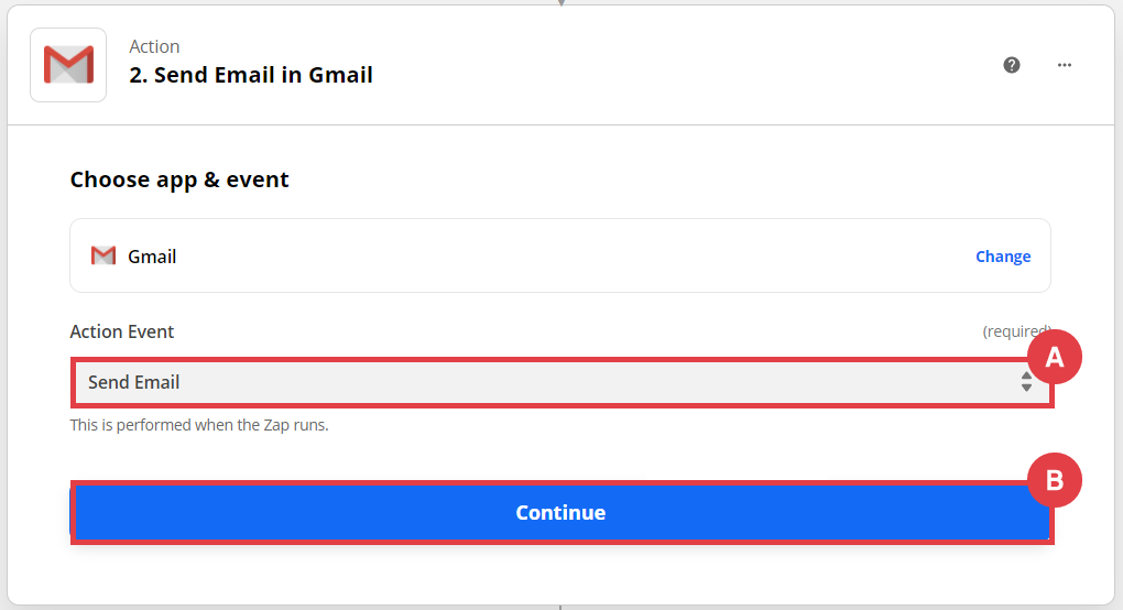 Panel Zapier > MAKE A ZAP > Webhook by Zapier > Action > Send Email