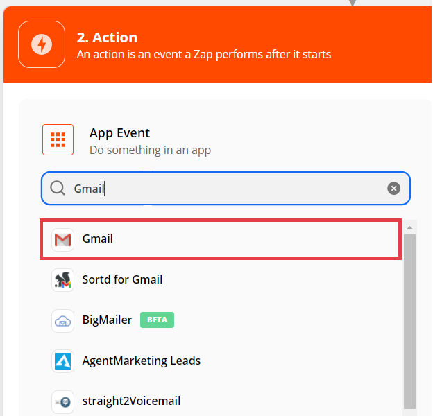 Panel Zapier > MAKE A ZAP > Webhook by Zapier > Action > Gmail