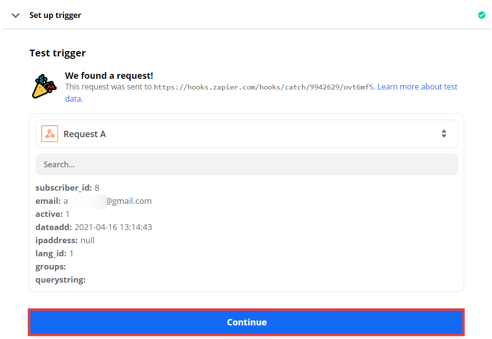 Panel Zapier > MAKE A ZAP > Webhook by Zapier > Set Trigger > Test Trigger