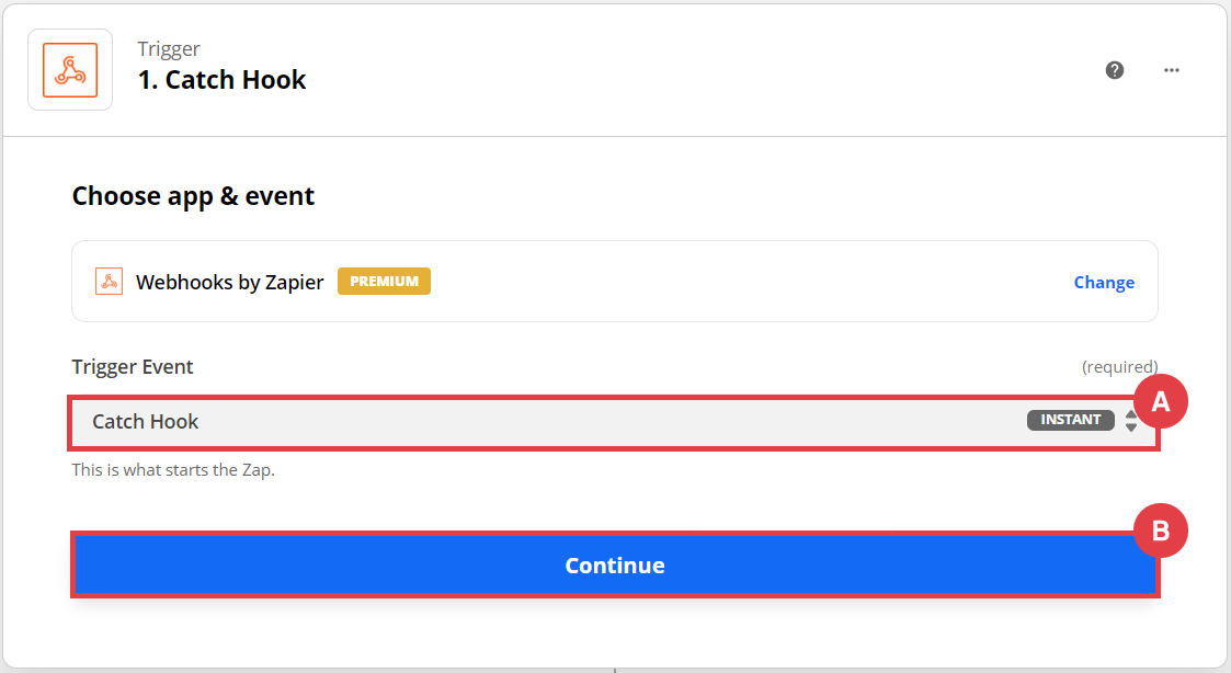 Panel Zapier > MAKE A ZAP > Webhook by Zapier > Trigger Event