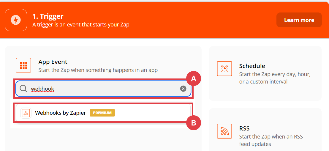 Panel Zapier > MAKE A ZAP > Webhook by Zapier