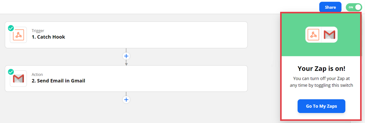 Panel Zapier > Your Zap is on