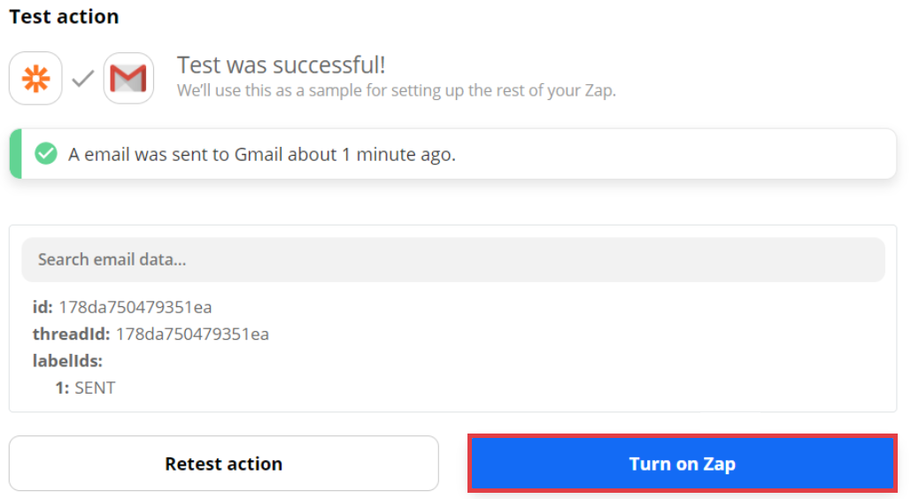 Panel Zapier > Test action > Turn on Zap