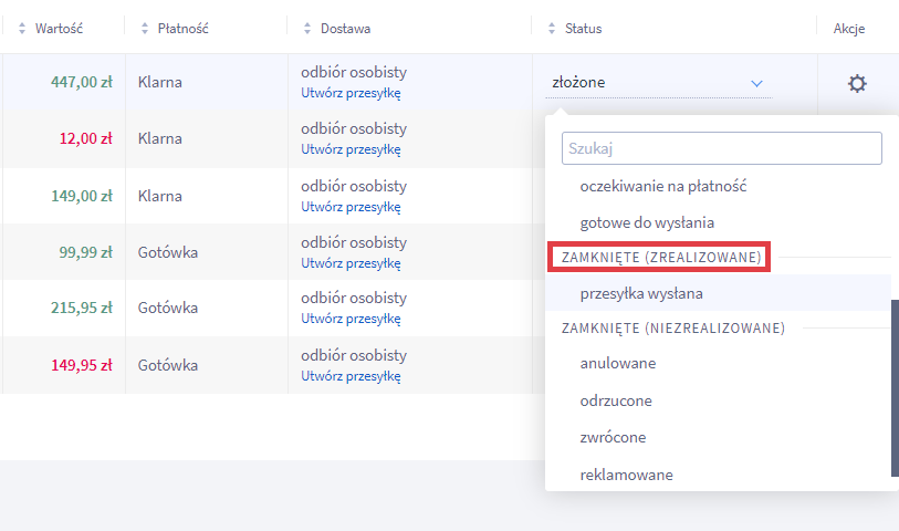 Panel administracyjny sklepu > Obsługa zamówień > Zamówienia > Klarna > Oznaczenie Zamknięte (zrealizowane)