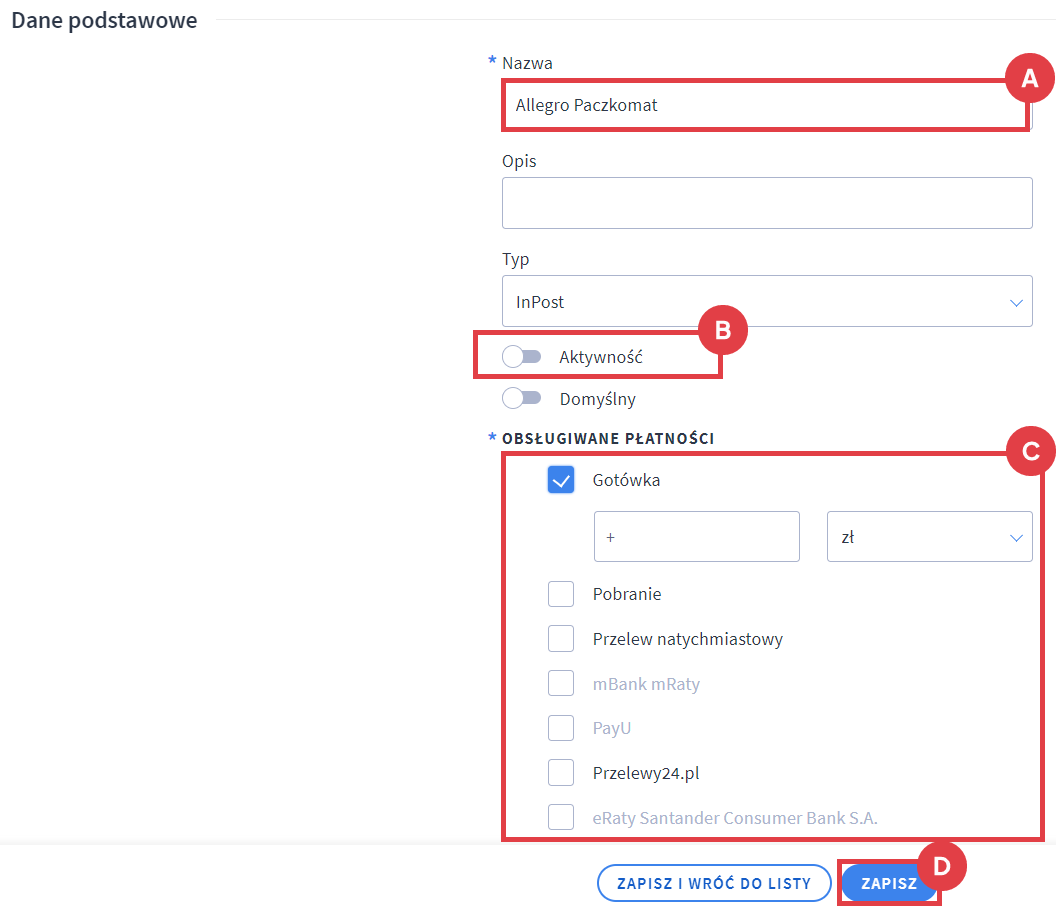 Formularz dodawania nowej dostawy w sklepie internetowym Shoper Panel administracyjny sklepu > Ustawienia > Obsługa zamówień > Formy dostawy > Dodaj dostawę > Formularz