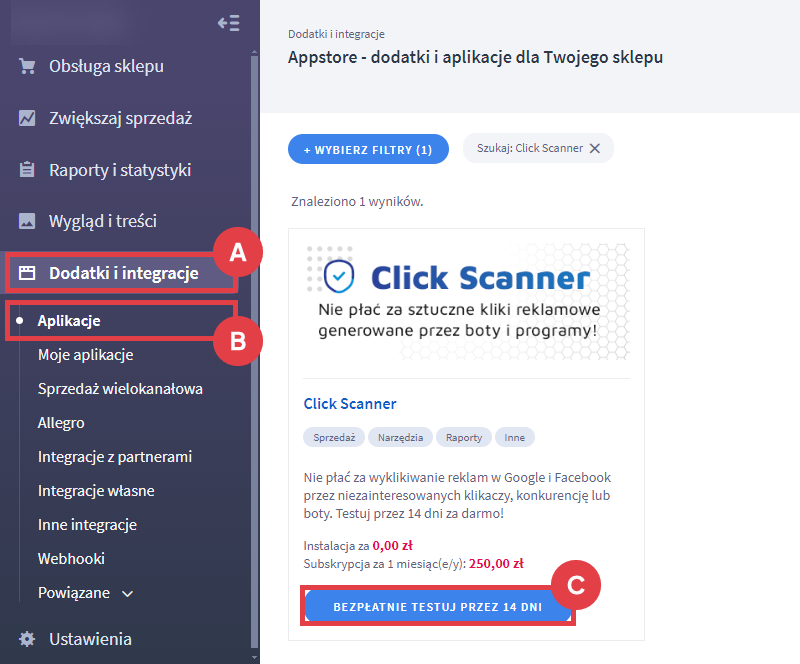 Bezpłatnie testuj aplikację Click Scanner przez okres 14 dni w sklepie Shoper Panel administracyjny sklepu > Dodatki i integracje > Aplikacje > Click Scanner