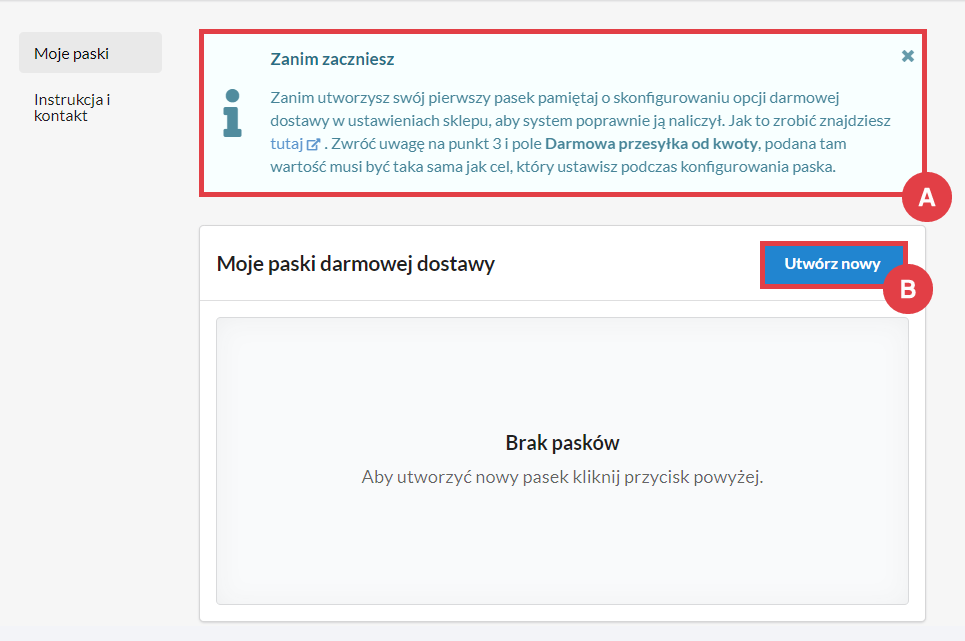 Utwórz nowy pasek darmowej dostawy w aplikacji Panel administracyjny sklepu > Dodatki i integracje > Moje Aplikacje > Pasek darmowej dostawy > Konfiguracja