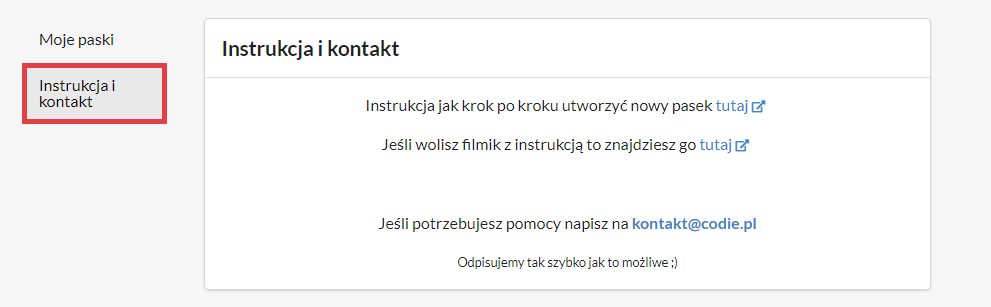 Przejdź do zakładki: Instrukcja i kontakt Panel administracyjny sklepu > Dodatki i integracje > Moje Aplikacje > Pasek darmowej dostawy > Pomoc
