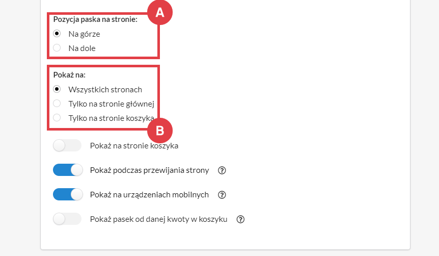 Zdecyduj, w którym miejscu ma wyświetlać się pasek darmowej dostawy Panel administracyjny sklepu > Dodatki i integracje > Moje Aplikacje > Pasek darmowej dostawy > Utwórz nowy pasek > Konfiguracja