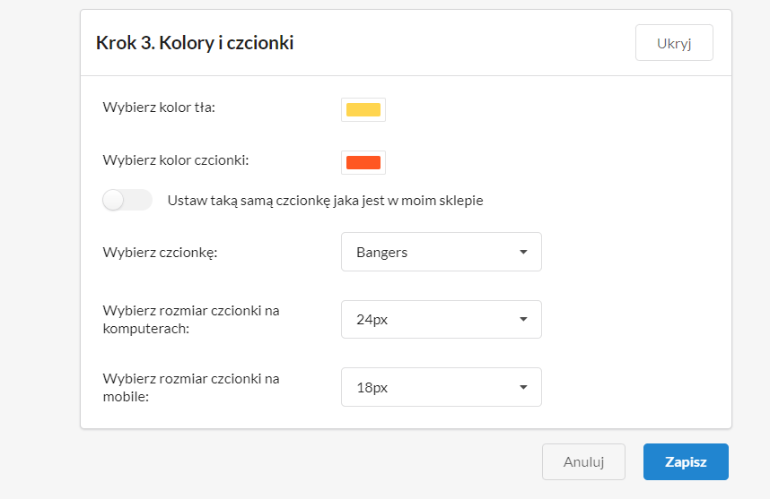 Skonfiguruj wygląd nowego paska darmowej dostawy Panel administracyjny sklepu > Dodatki i integracje > Moje Aplikacje > Pasek darmowej dostawy > Utwórz nowy pasek > Kolory i czcionki