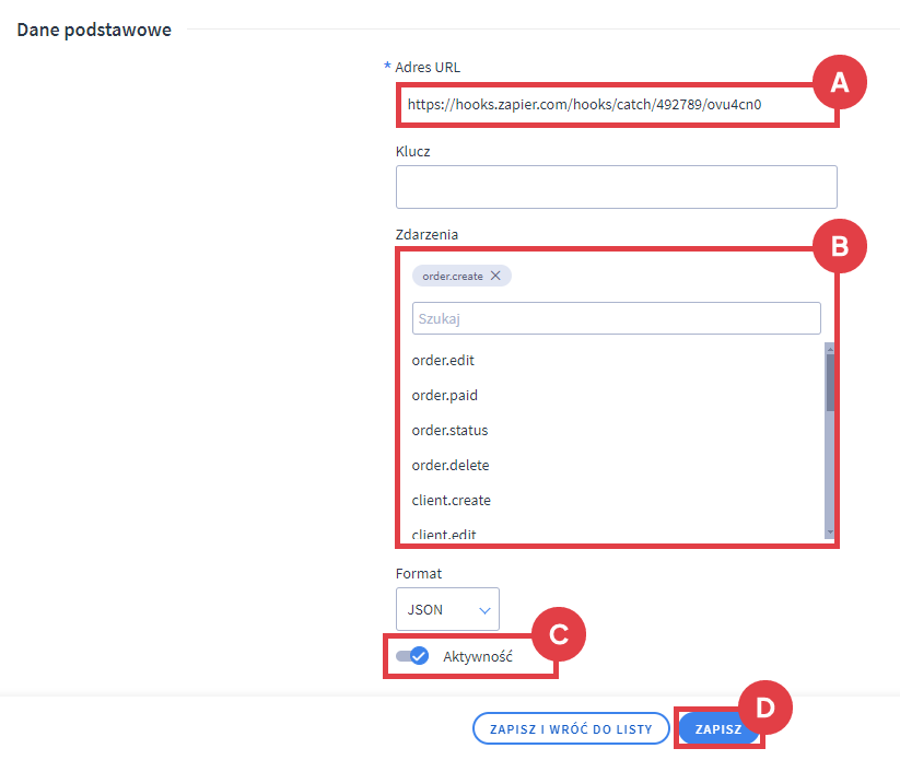 Zdefiniuj Webhook na zdarzenie order.create w sklepie internetowym Shoper Panel administracyjny sklepu > Dodatki i integracje > Webhooki > Webhook > Dane podstawowe > order.create