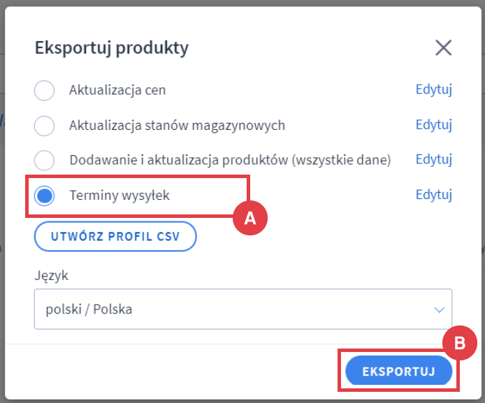 Panel administracyjny sklepu > Obsługa sklepu > Produkty > Więcej > Eksport > Profil CSV