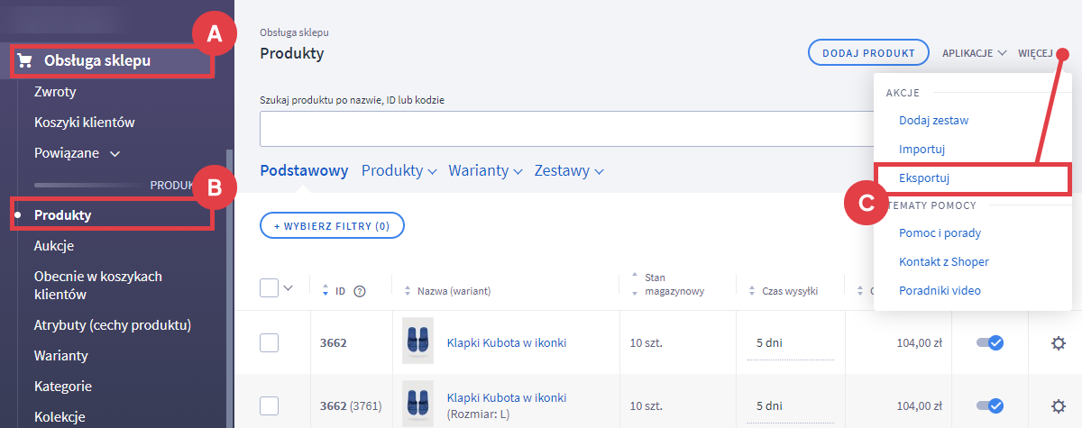 Panel administracyjny sklepu > Obsługa sklepu > Produkty > Więcej > Eksport