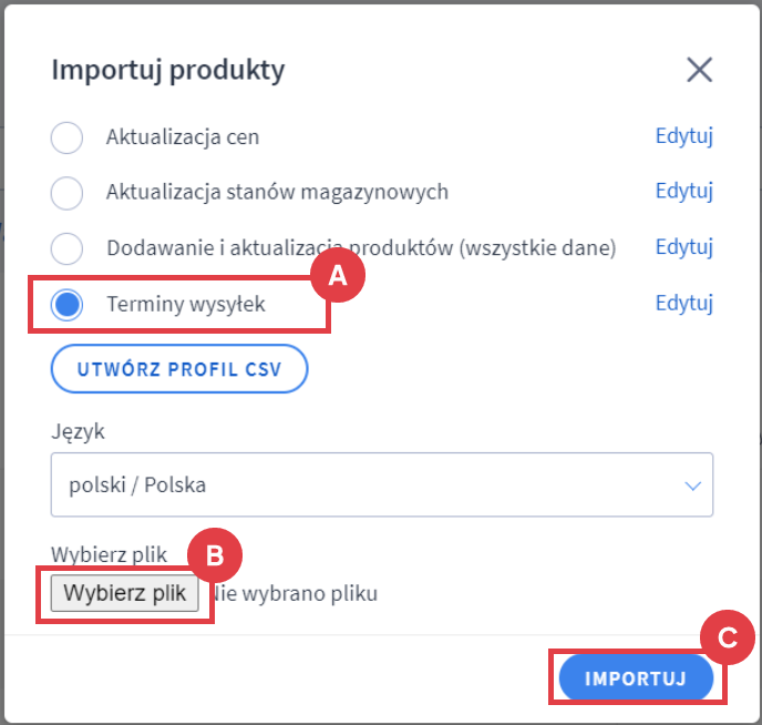 Panel administracyjny sklepu > Obsługa sklepu > Produkty > Więcej > Import > Plik CSV