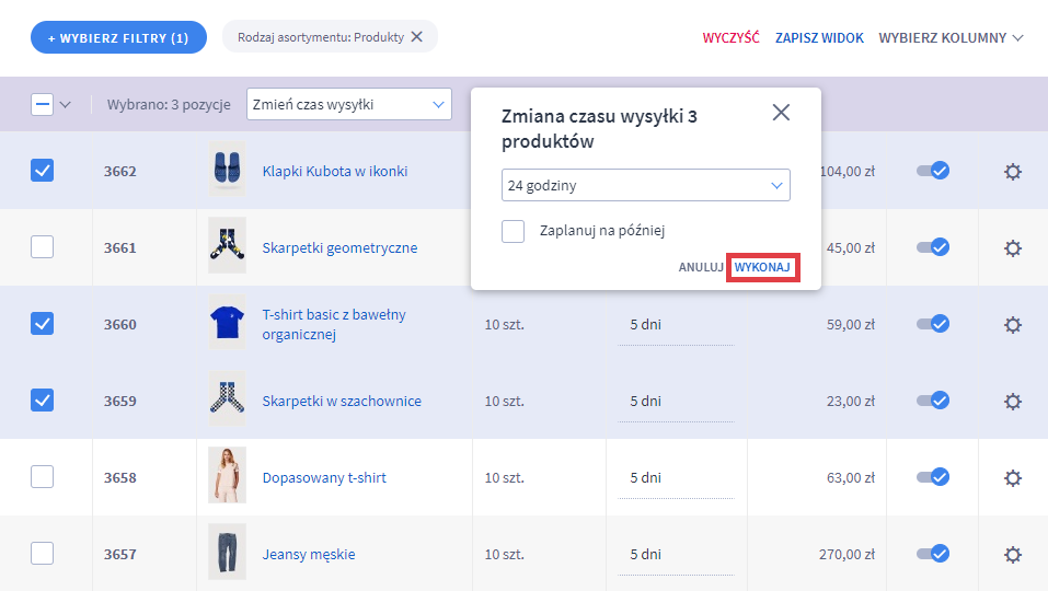 Potwierdź operację zmiany czasu wysyłki dla wybranych produktów Panel administracyjny sklepu > Obsługa sklepu > Produkty > Zmiana czasu wysyłki > Potwierdzenie operacji