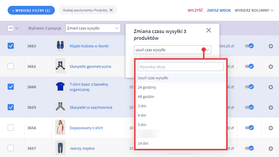Wybierz jaką akcję chcesz przeprowadzić dla zaznaczonych produktów Panel administracyjny sklepu > Obsługa sklepu > Produkty > Zmiana czasu wysyłki > Lista dostępnych opcji