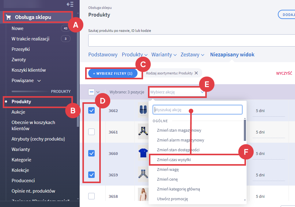 Wybierz produkty dla których chcesz zmienić czas wysyłki w sklepie Shoper Panel administracyjny sklepu > Obsługa sklepu > Produkty > Zmiana czasu wysyłki produktów