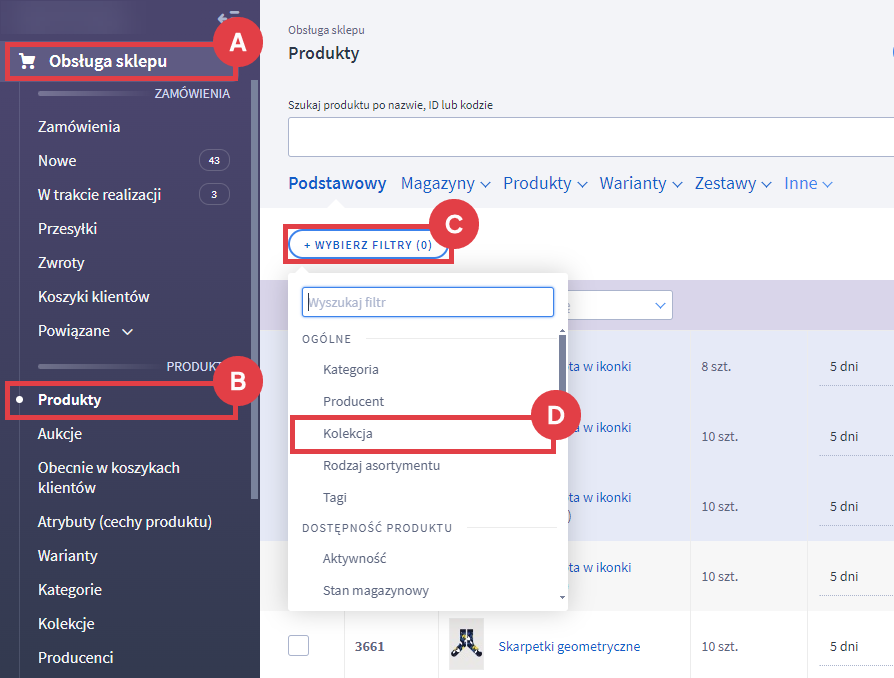 Użyj filtra: Kolekcja, aby wyszukać odpowiednie produkty w sklepie internetowym Panel administracyjny sklepu > Obsługa sklepu > Produkty > Filtry > Kolekcja