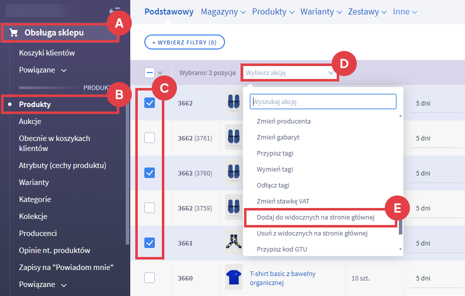 Panel administracyjny sklepu > Obsługa sklepu > Produkty > Akcje > Dodawanie do widocznych na stronie głównej