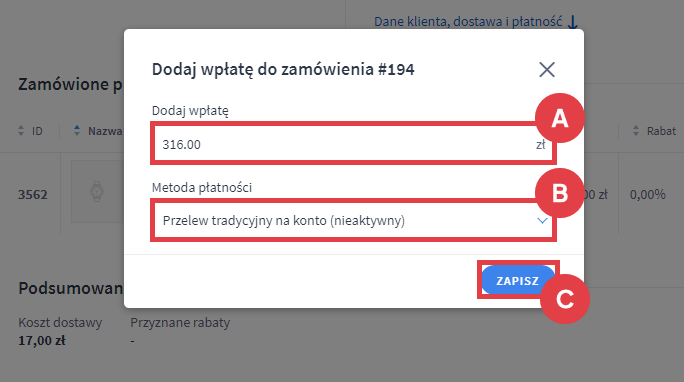 Panel administracyjny sklepu > Obsługa sklepu > Zamówienia > Podgląd zamówienia > Wpłata > Formularz