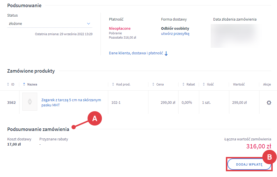 Panel administracyjny sklepu > Obsługa sklepu > Zamówienia > Pogląd zamówienia > Wpłata