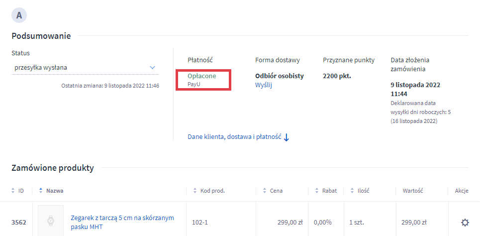 Panel administracyjny sklepu > Obsługa sklepu > Zamówienia > Podgląd zamówienia > Płatność: Opłacone