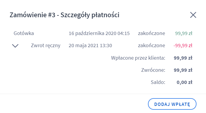 Panel administracyjny sklepu > Obsługa sklepu > Zamówienia > Podgląd > Zarządzaj transakcjami > Zwrot > Szczegóły płatności