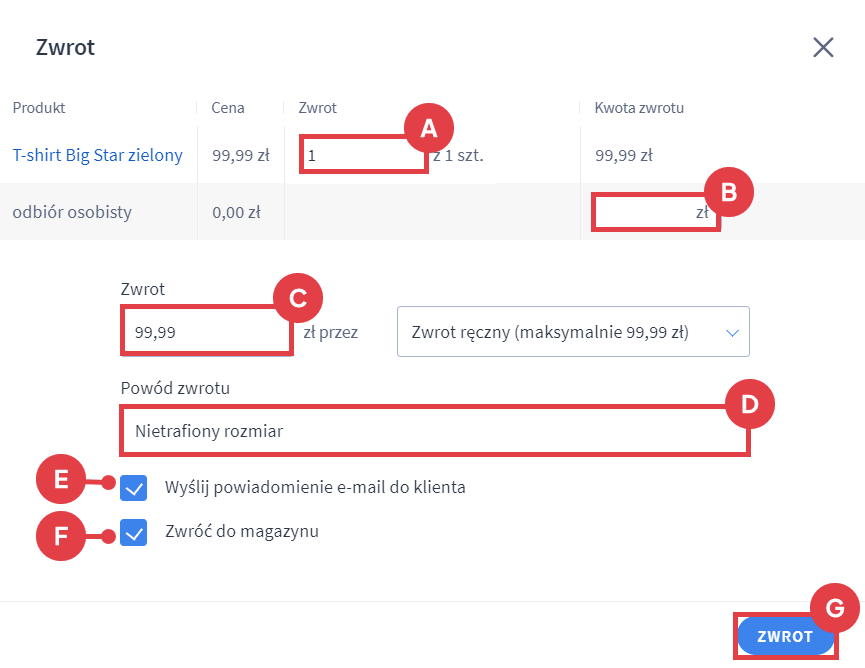 Panel administracyjny sklepu > Obsługa sklepu > Zamówienia > Podgląd > Zarządzanie transakcjami > Zwrot > Formularz