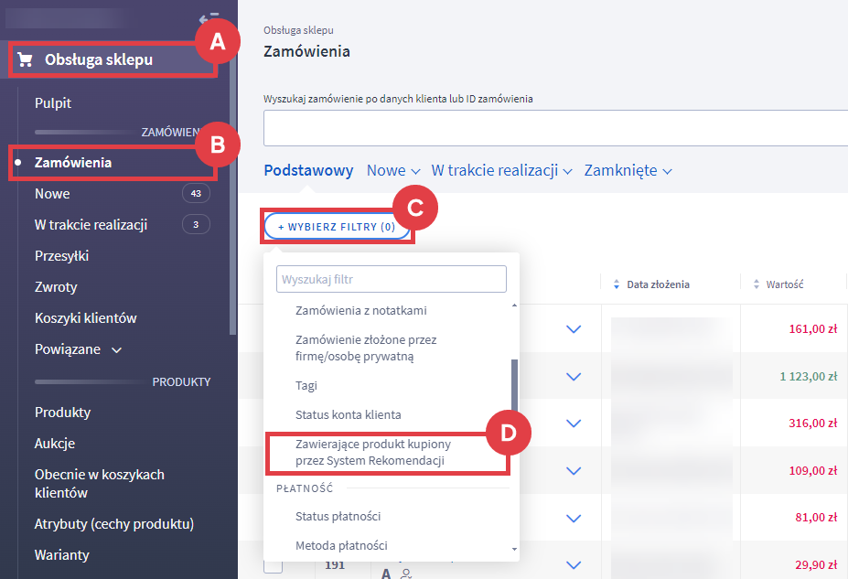 Panel administracyjny sklepu > Obsługa sklepu > Zamówienia > Filtry > Zawierające produkt kupiony przez System Rekomendacji