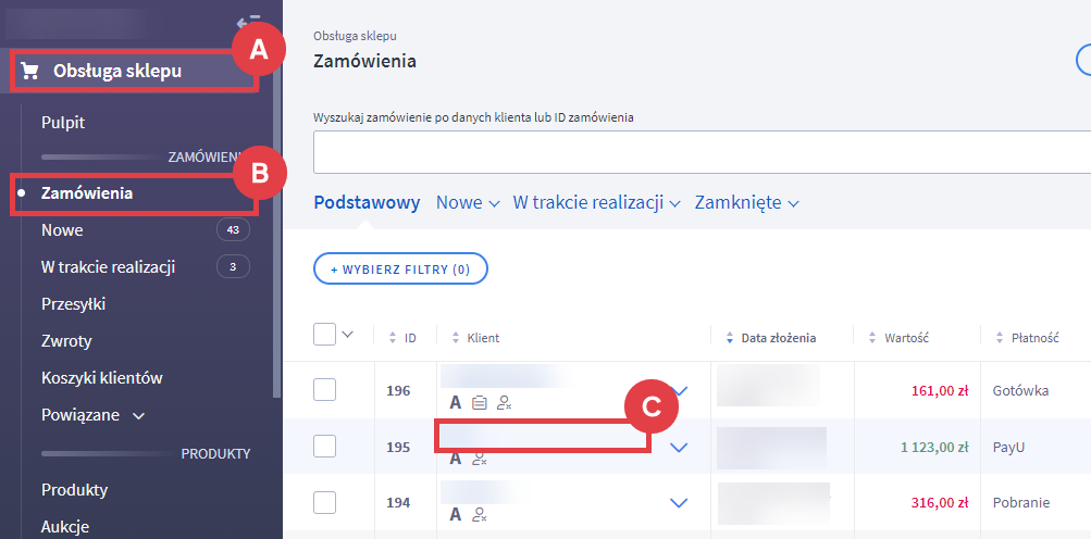 Panel administracyjny sklepu > Obsługa sklepu > Zamówienia > Klient