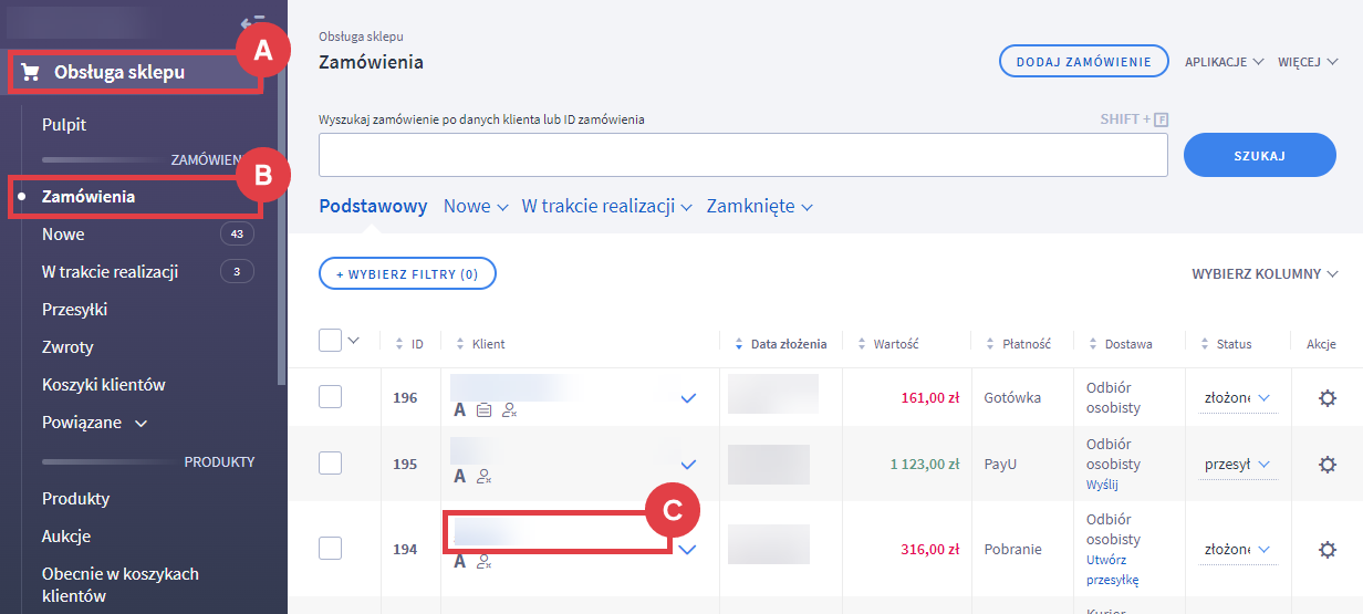 Panel administracyjny sklepu > Obsługa sklepu > Zamówienia > Klient