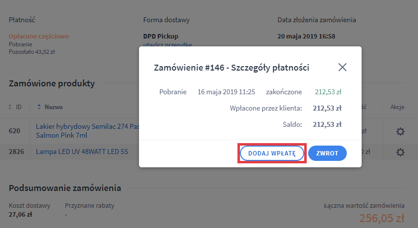 Panel administracyjny sklepu > Obsługa sklepu > Zamówienia > Podgląd zamówienia > Zarządzaj transakcjami > Szczegóły płatności