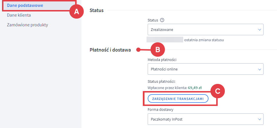 Panel administracyjny > Obsługa sklepu > Zamówienia > Edycja > Dane podstawowe > Zarządzanie transakcjami 