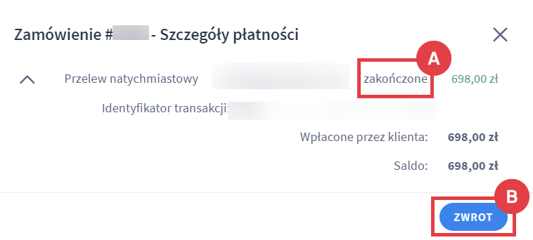Panel administracyjny sklepu > Obsługa sklepu > Zamówienia > Edycja > Zarządzanie transakcjami > Zwrot