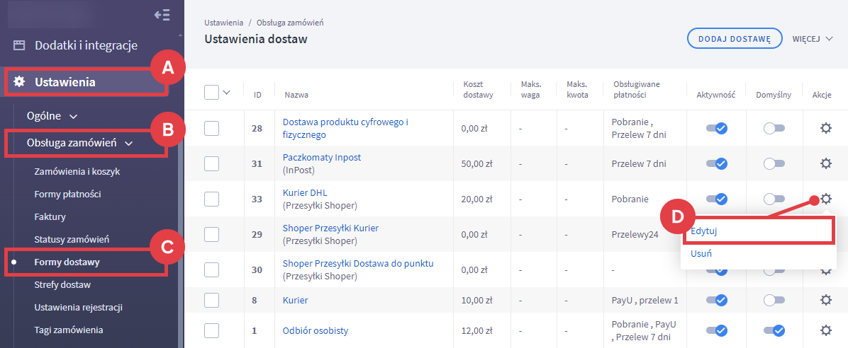 Panel administracyjny sklepu > Ustawienia > Obsługa zamówień > Formy dostawy > Shoper Przesyłki > Edycja