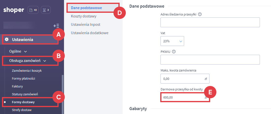 Panel administracyjny sklepu > Ustawienia > Obsługa zamówień > Formy dostawy > Edycja > Dane podstawowe > Darmowa przesyłka od kwoty