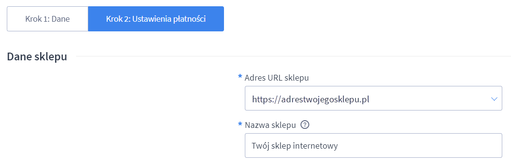 Uzupełnij formularz aktywacyjny Shoper Płatności w sekcji Dane sklepu Menu Panelu administracyjnego sklepu Shoper Ustawienia > Obsługa zamówień > Formy płatności > Aktywacja Shoper Płatności > Dane sklepu