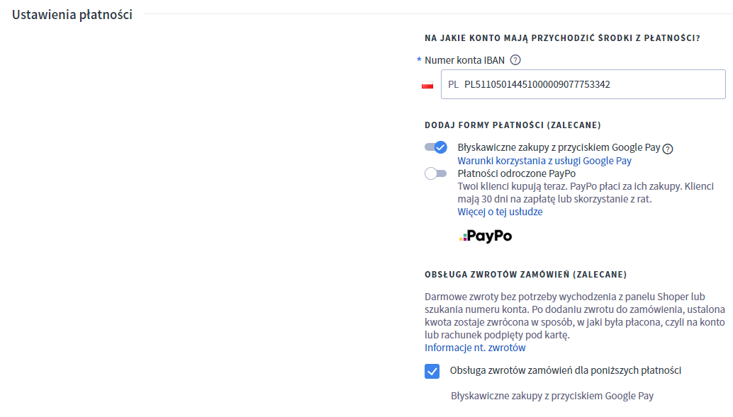 Uzupełnij formularz aktywacyjny Shoper Płatności w sekcji Dodaj formy płatności Menu Panelu administracyjnego sklepu Shoper Ustawienia > Obsługa zamówień > Formy płatności > Aktywacja Shoper Płatności > Dodaj formy płatności i obsługa zwrotów