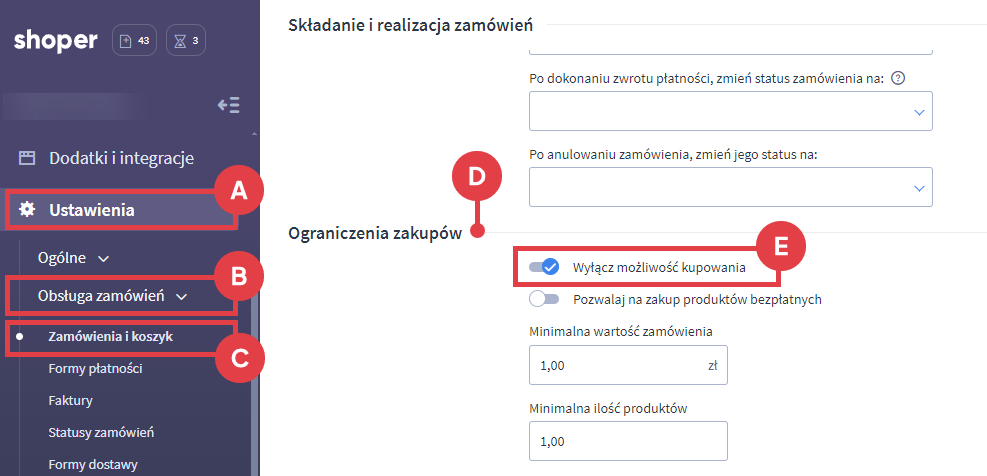 Panel administracyjny sklepu > Ustawienia > Obsługa zamówień > Zamówienia i koszyk > Ograniczenia zakupów > Możliwość kupowania