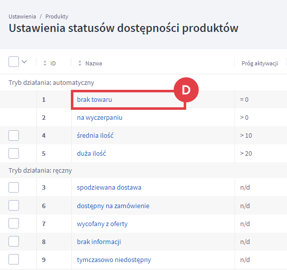 Przejdź do edycji statusu dostępności produktów o zerowym stanie magazynowym Panel administracyjny sklepu > Ustawienia > Produkty > Statusy dostępności produktów > Brak towaru