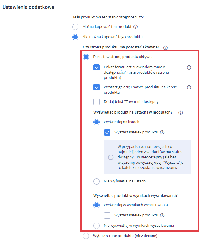 Panel administracyjny sklepu > Ustawienia > Produkty > Statusy dostępności produktów > Brak towaru > Ustawienia dodatkowe > Pozostaw stronę produktu aktywną