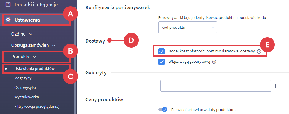 Panel administracyjny sklepu > Ustawienia > Produkty > Ustawienia produktów > Dostawy > Dodaj koszt płatności pomimo darmowej dostawy