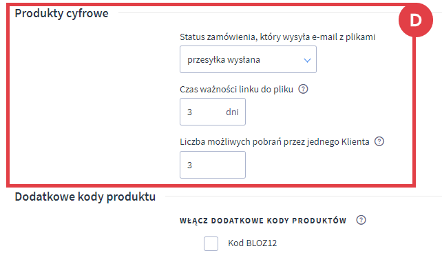 Panel administracyjny > Ustawienia > Produkty > Ustawienia produktów > Produkty cyfrowe