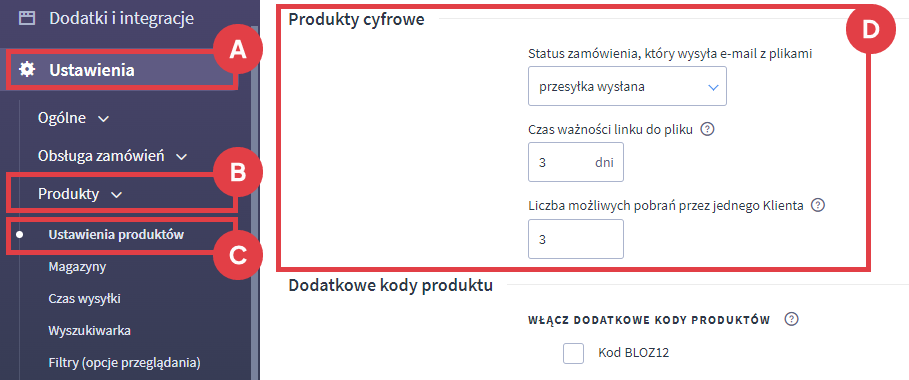 Skonfiguruj ustawienia dla produktów cyfrowych w Panelu administracyjnym sklepu Panel administracyjny > Ustawienia > Produkty > Ustawienia produktów > Produkty cyfrowe