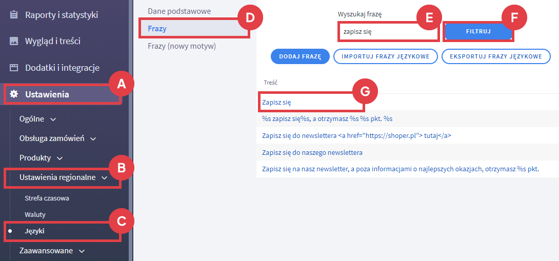 Panel administracyjny sklepu > Ustawienia > Ustawienia regionalne > Języki > Frazy > Filtruj