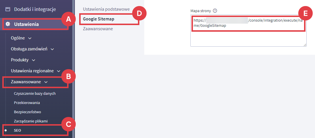 Panel administracyjny sklepu > Ustawienia > Zaawansowane > SEO > Google Sitemap