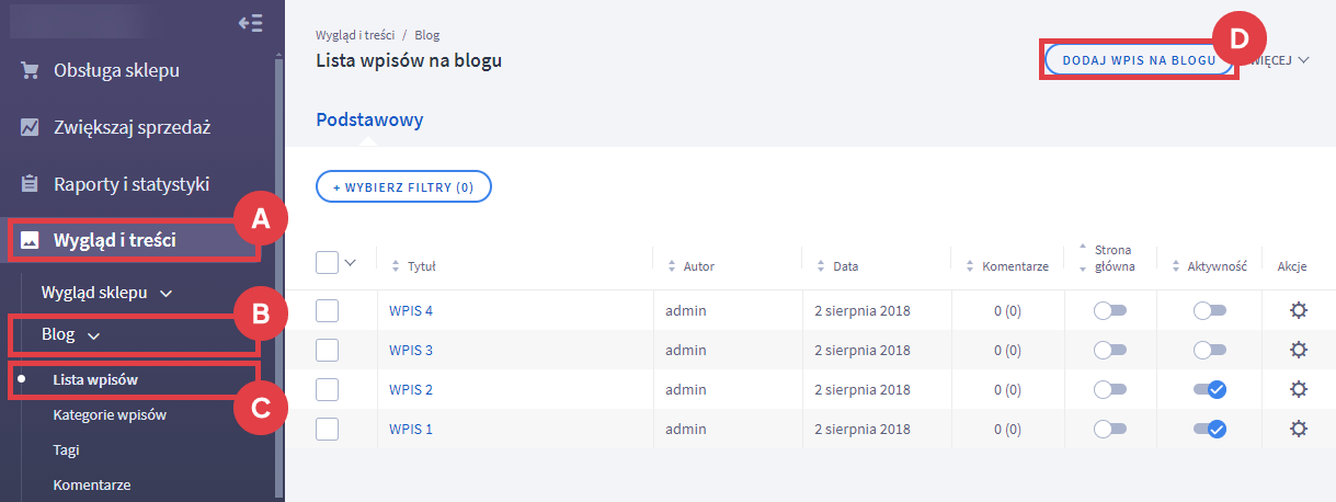 Dodaj nowy wpis na bloga sklepu internetowego Panel administracyjny sklepu > Wygląd i treści > Blog > Lista wpisów > Dodawanie wpisu